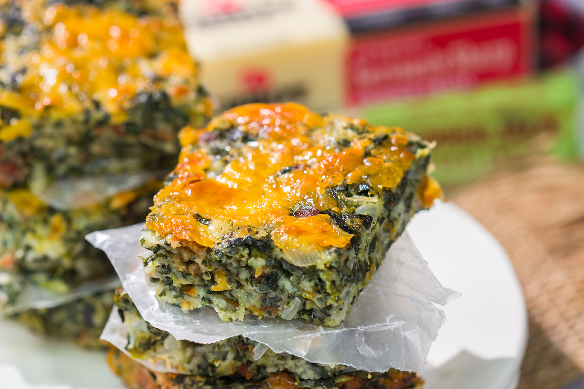 These baked Bacon Cheddar Spinach Squares are packed with flavor! They're easy to make, and they're perfect as a side dish or party appetizer.