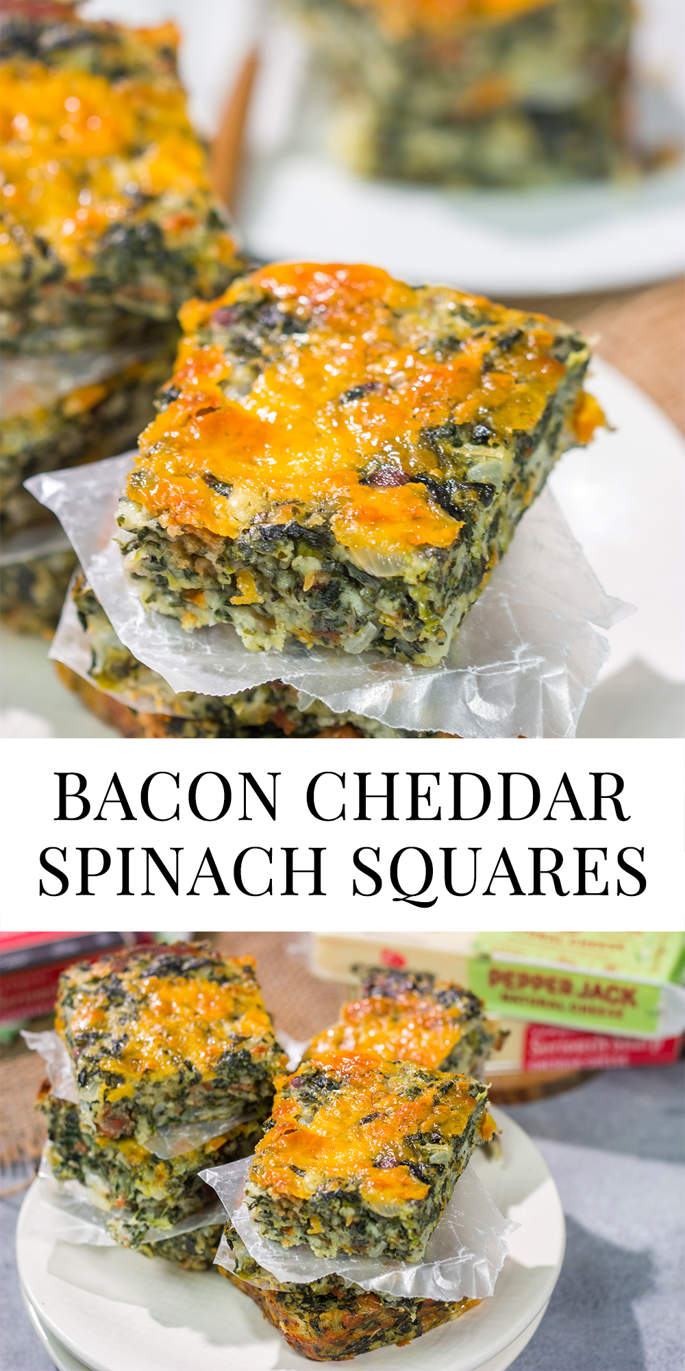 These baked Bacon Cheddar Spinach Squares are packed with flavor! They're easy to make, and they're perfect as a side dish or party appetizer.