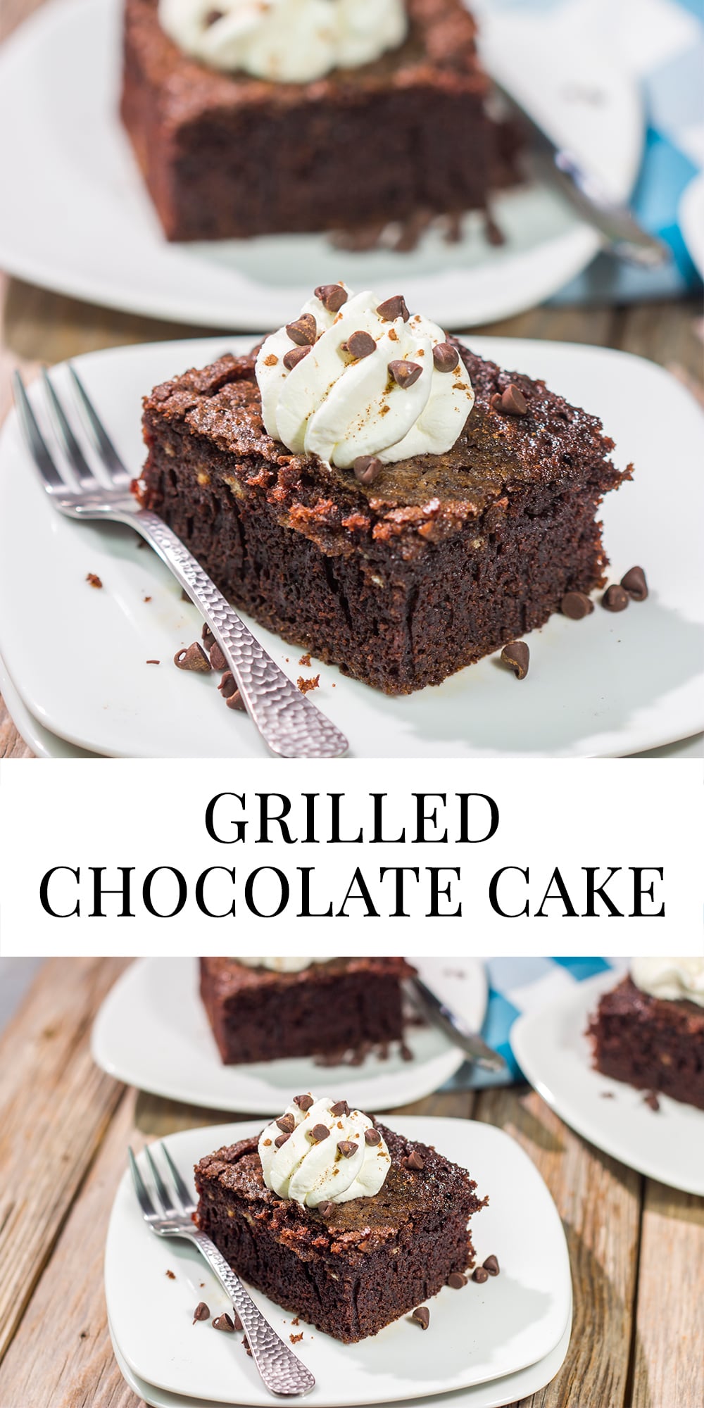 Hot summer day? Skip the oven and bake this Grilled Chocolate Cake on the grill instead! This cake is topped with whipped cream to create a tasty summer dessert.