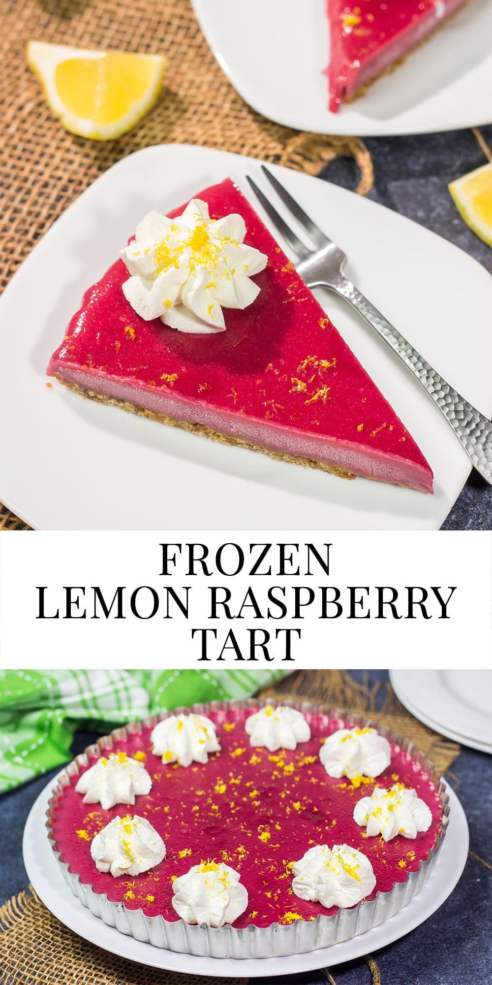 Featuring a sweet + tart raspberry filling over a graham cracker crust, this Frozen Raspberry Lemonade Tart is a tasty dessert for a warm summer evening!