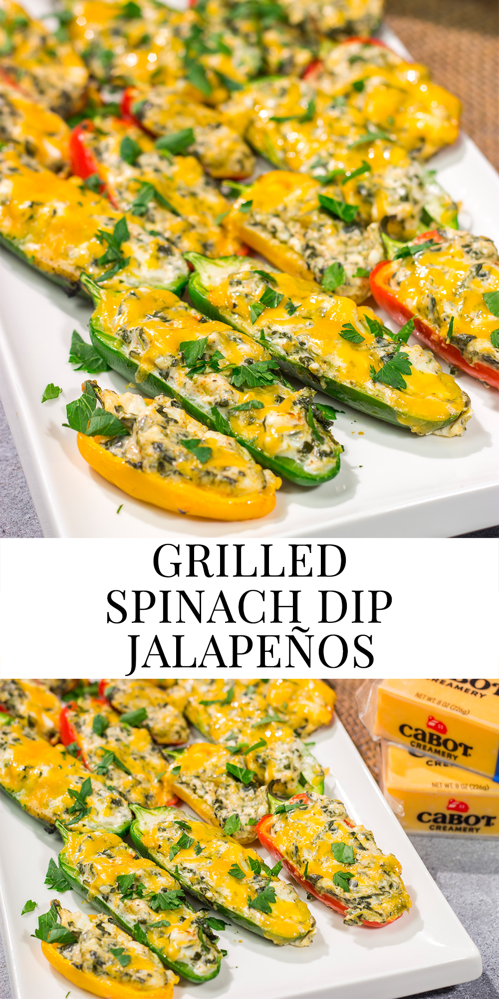These Grilled Spinach Dip Stuffed Jalapenos feature peppers stuffed with creamy homemade spinach dip and topped with cheddar cheese. They're a delicious appetizer for summer grilling!