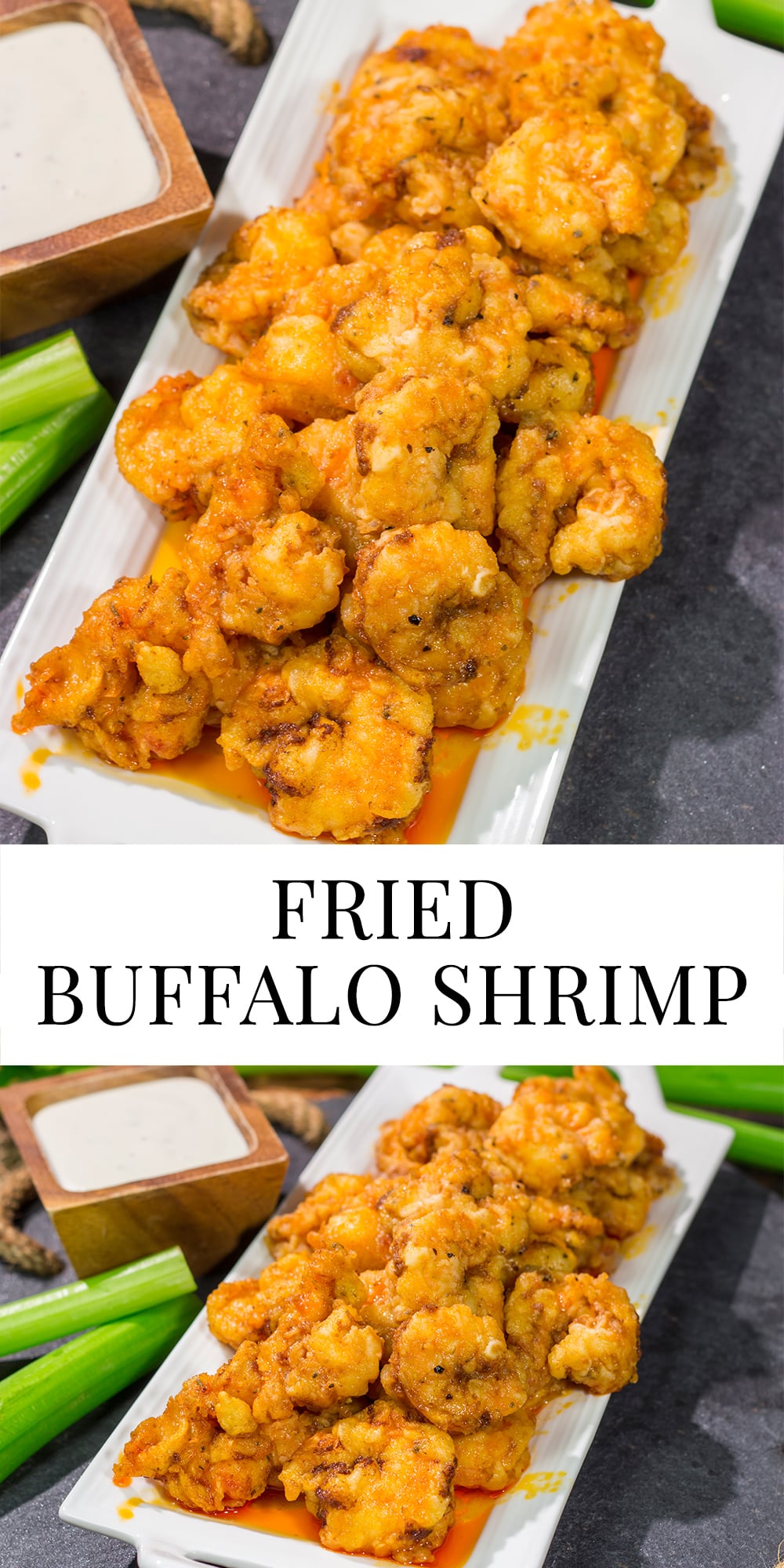 These Fried Buffalo Shrimp are the perfect gameday appetizer! The crispy fried shrimp are tossed in homemade buffalo sauce for maximum flavor.