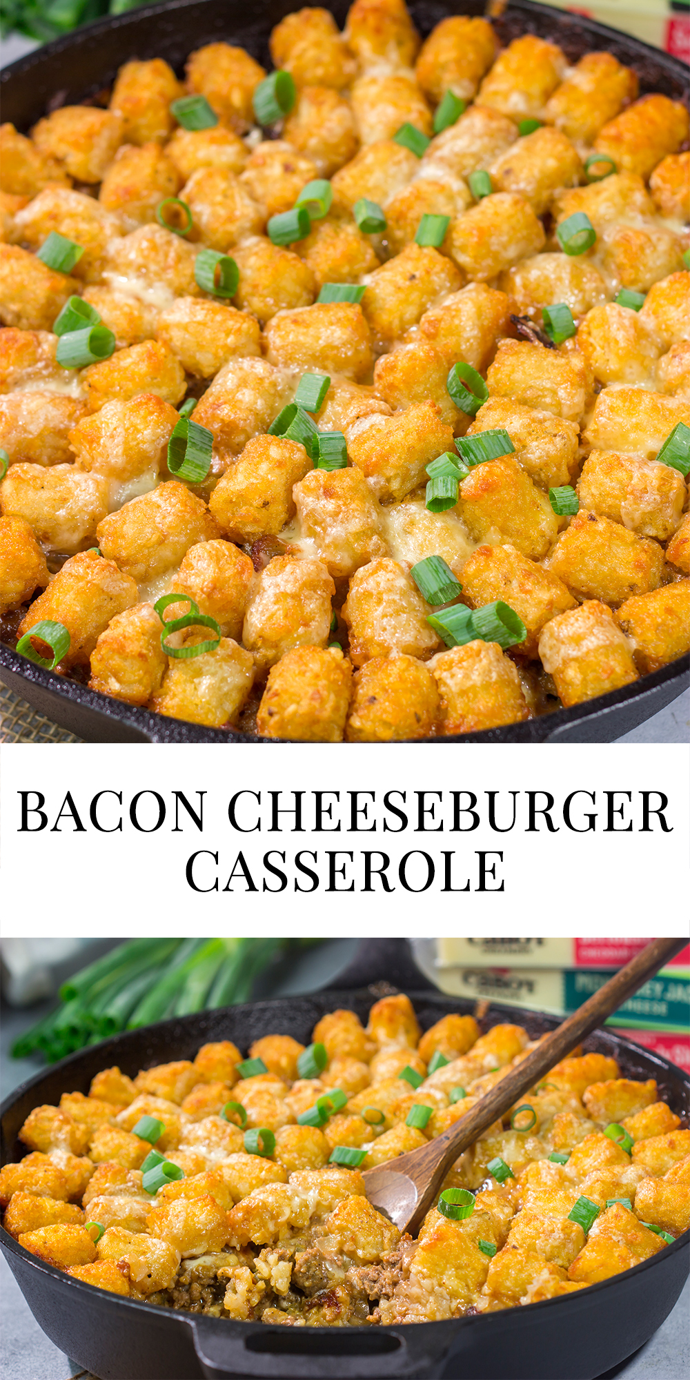 This Bacon Cheeseburger Casserole features all of the flavors of a classic burger + fries...just in casserole form! Grab a skillet and bake this for dinner tonight.