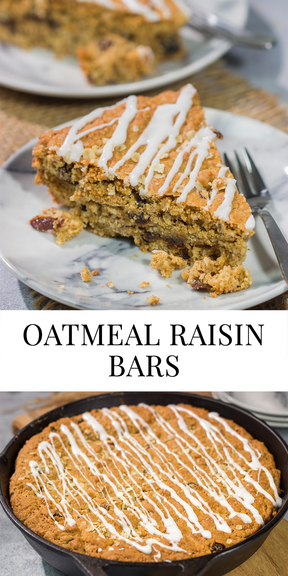 These delicious Oatmeal Raisin Bars taste just like the classic cookie...but they're easier to make. Grab a skillet and bake these bars for dessert tonight!
