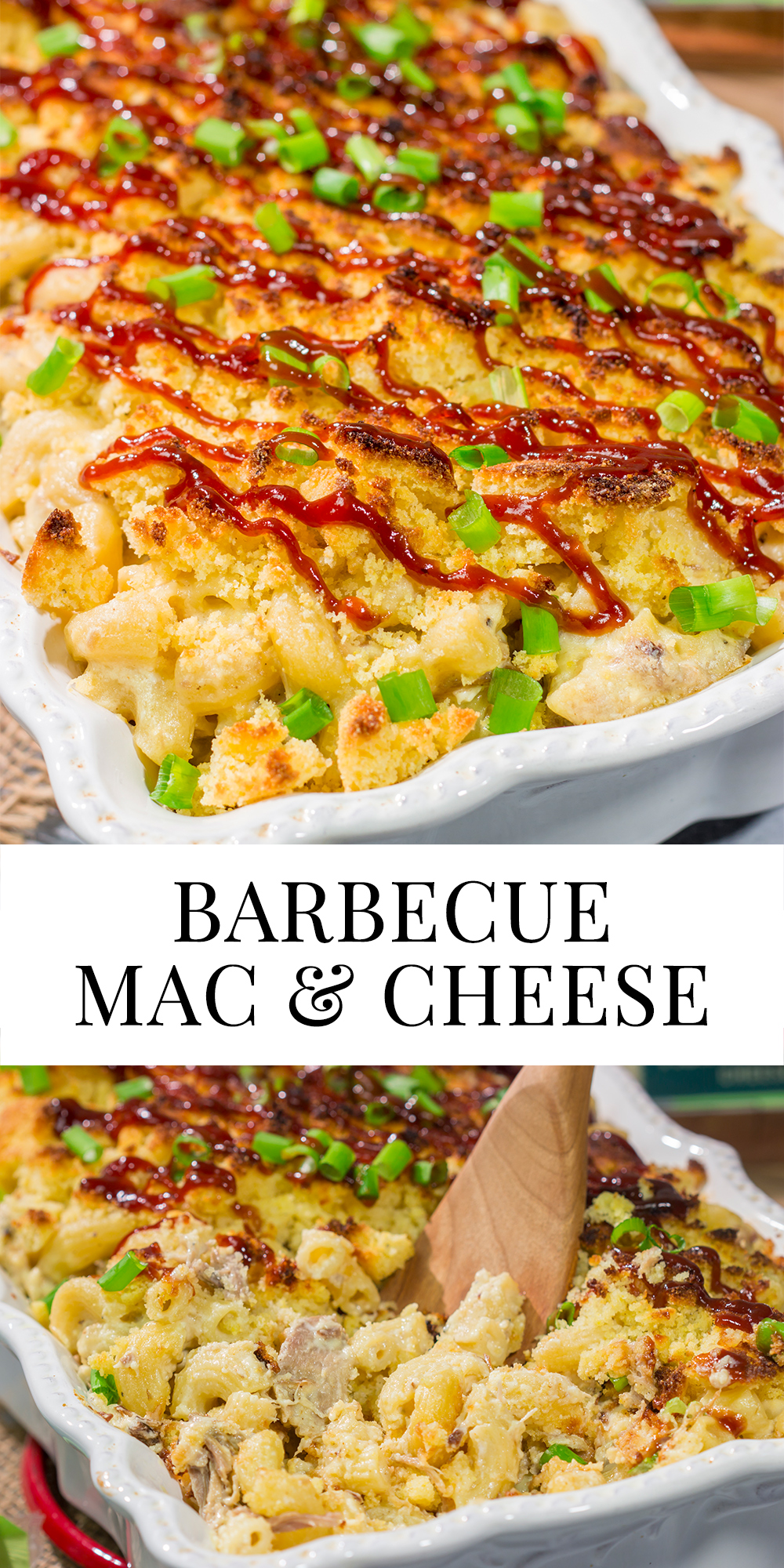 This BBQ Mac & Cheese recipe combines multiple favorites into one! Creamy mac and cheese, tender pulled pork and crumbled cornbread all combine to create a delicious dish.