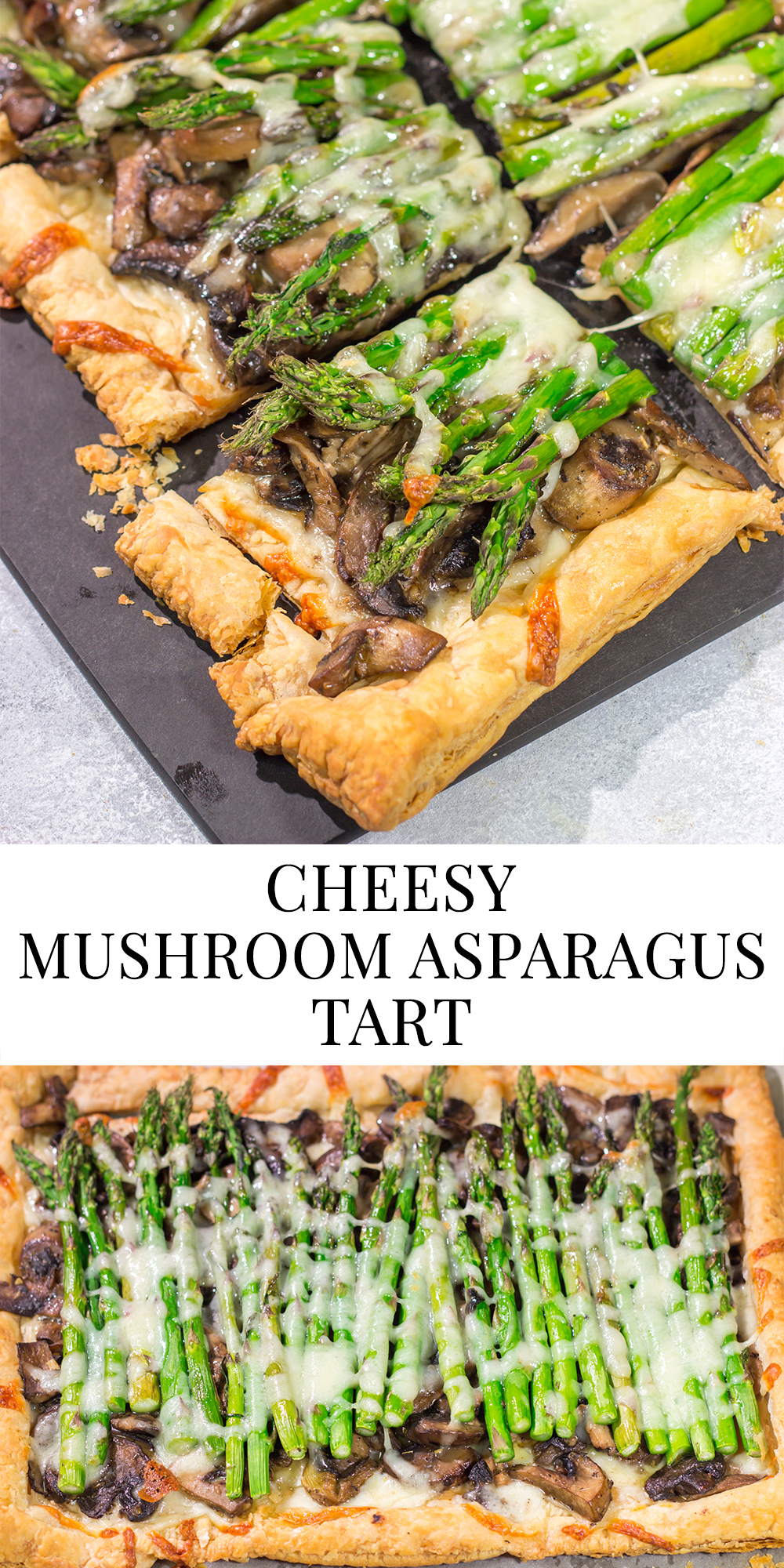 This Cheesy Mushroom Asparagus Tart features flaky puff pastry piled with savory mushrooms, tender asparagus and plenty of melted cheese. It's an easy yet elegant recipe that's perfect for an appetizer or side dish!